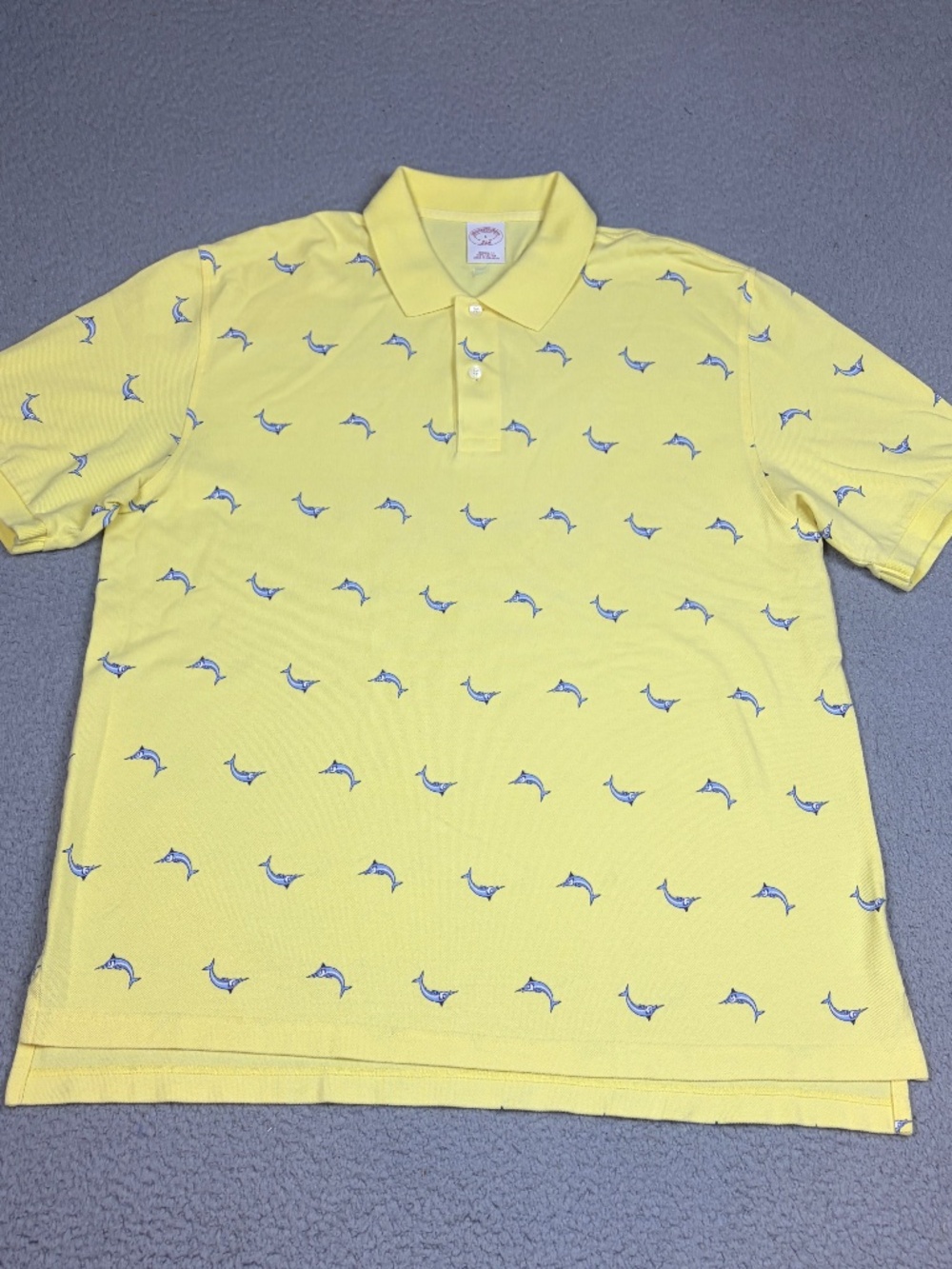 Brooks Brothers Polo Shirt Mens L Yellow Marlin All Over Print Short Sleeve
